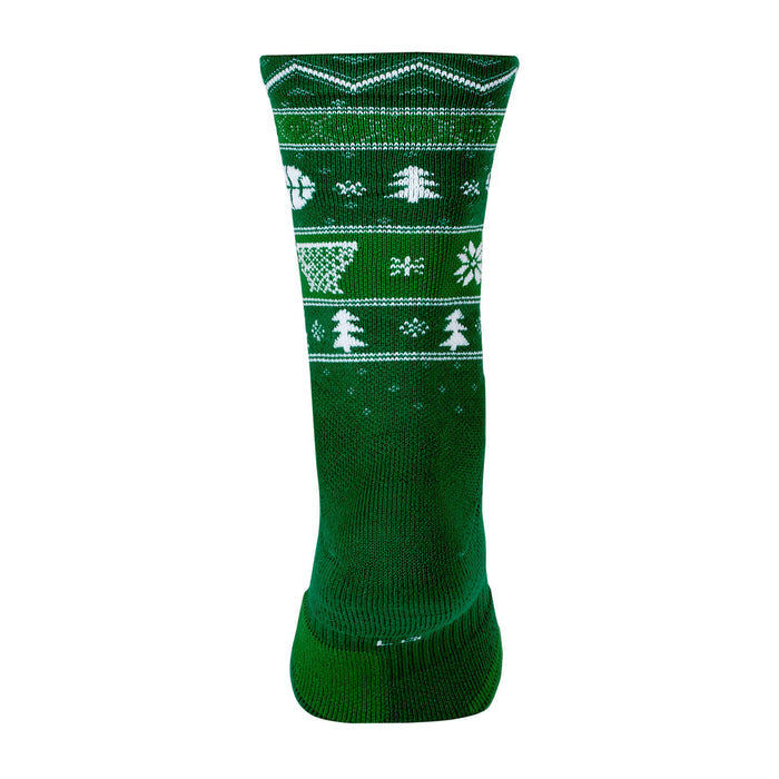 Unisex Christmas crew socks in green with white trees and snowflake motifs