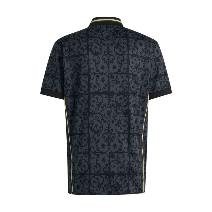 Men's navy Liverpool jersey back view with gold side piping and all-over pattern.