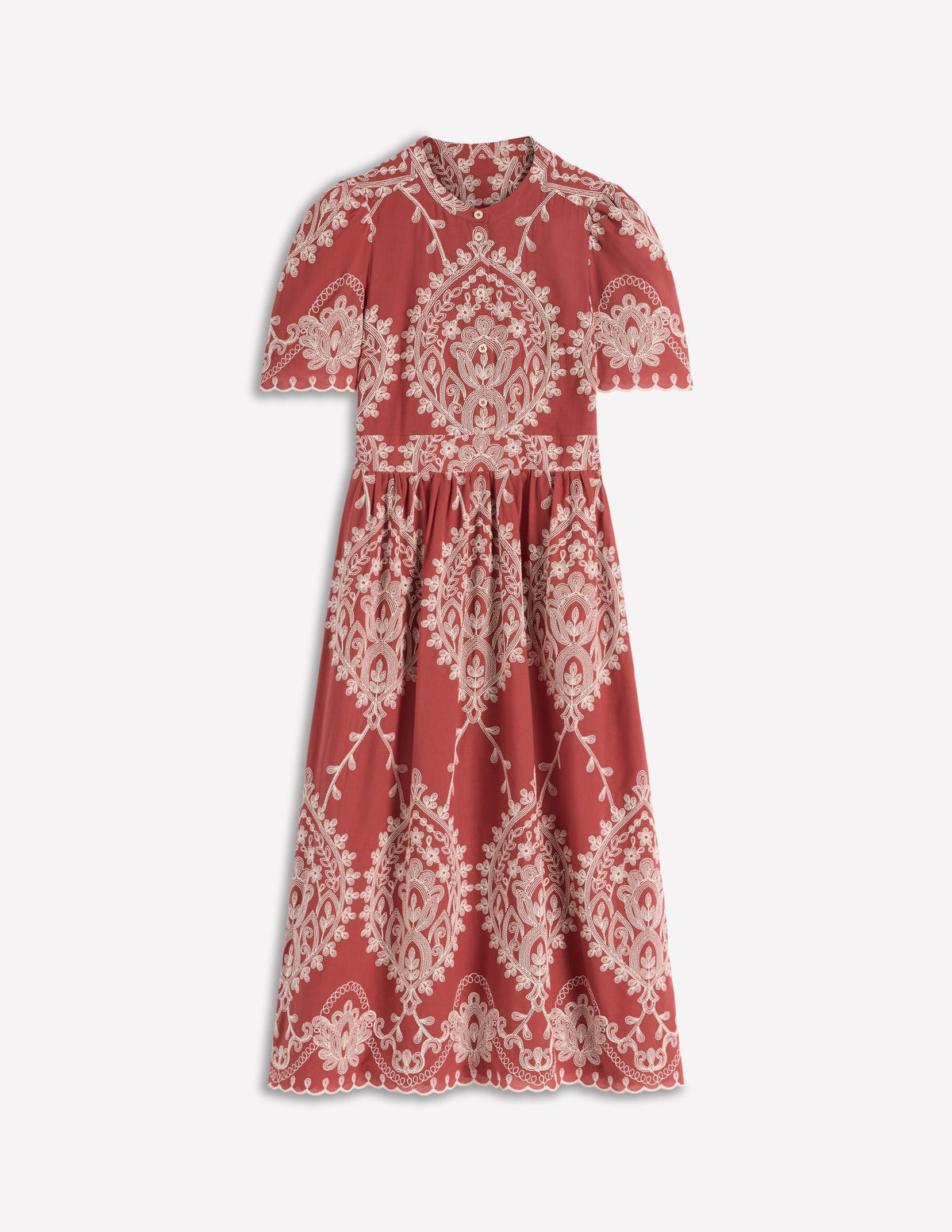 Ivy Button Cotton Midi Dress-Rust Embroidery