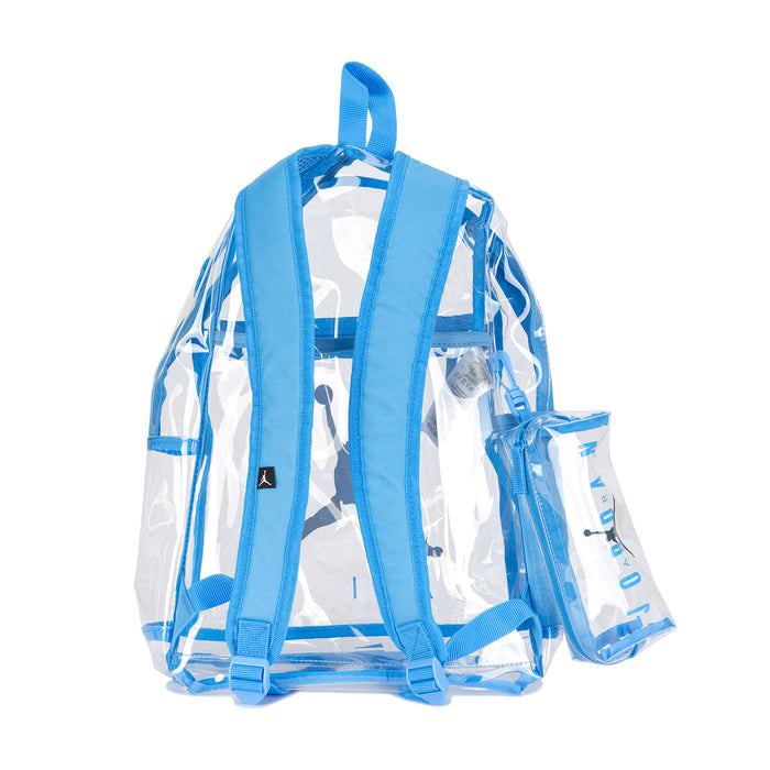 Clear blue school backpack with side pencil case pouch, adjustable shoulder straps