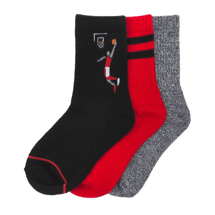 3-pack crew socks: black, red, and gray with basketball graphic and stripes