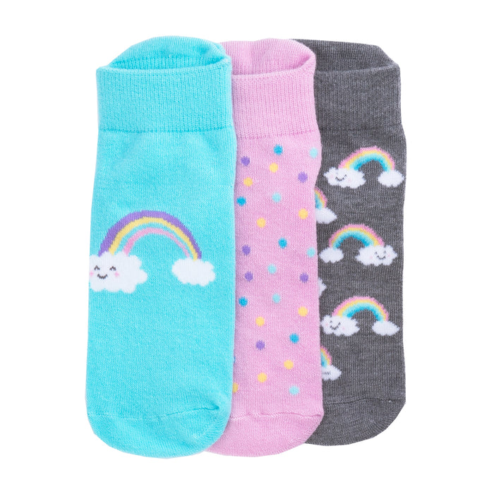 3-pack x-small no-show socks with rainbow-and-cloud prints in blue, pink, and gray