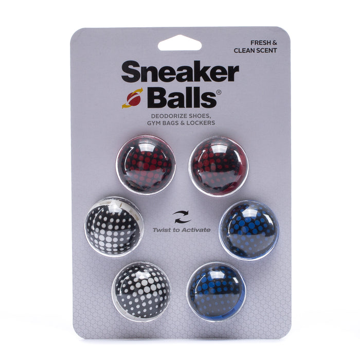 Six-pack sneaker deodorizing balls, multi-color matrix spheres in blister pack