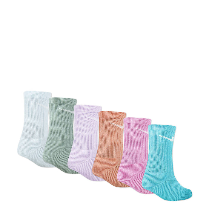6-pack x-small performance crew socks laid out, pastel blue, green, lavender, orange, pink, teal
