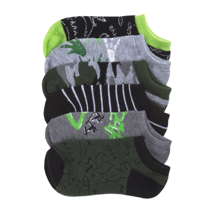 6-pack x-small no-show socks, black gray and green dino patterns