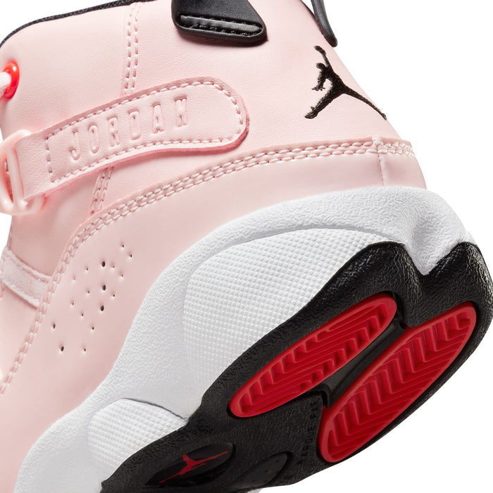 Kids high-top heel detail, pink upper with black-and-red traction pods on white midsole