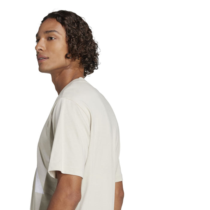 Mens off-white tee side profile with crew neck and short sleeves