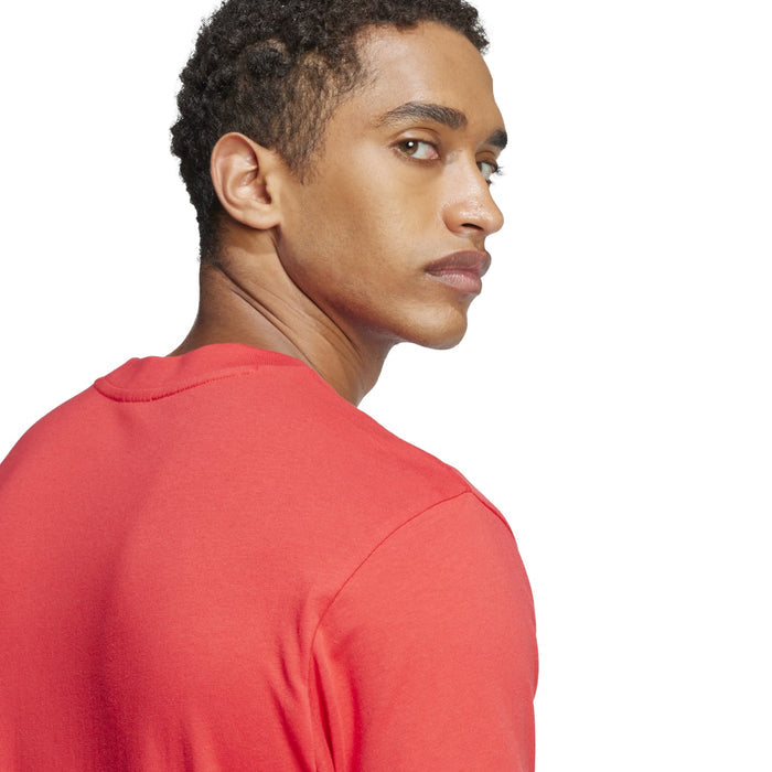 Men's red crewneck T-shirt shoulder and collar view, short sleeves