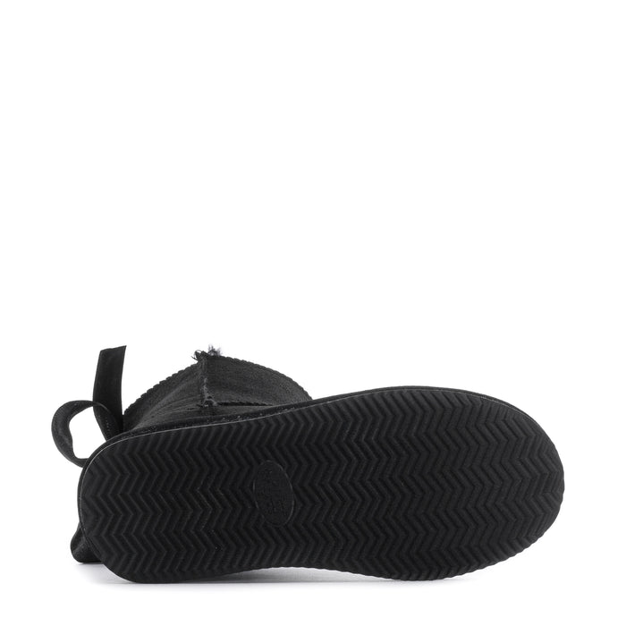 Kids black boot outsole with textured zigzag tread and bow tab