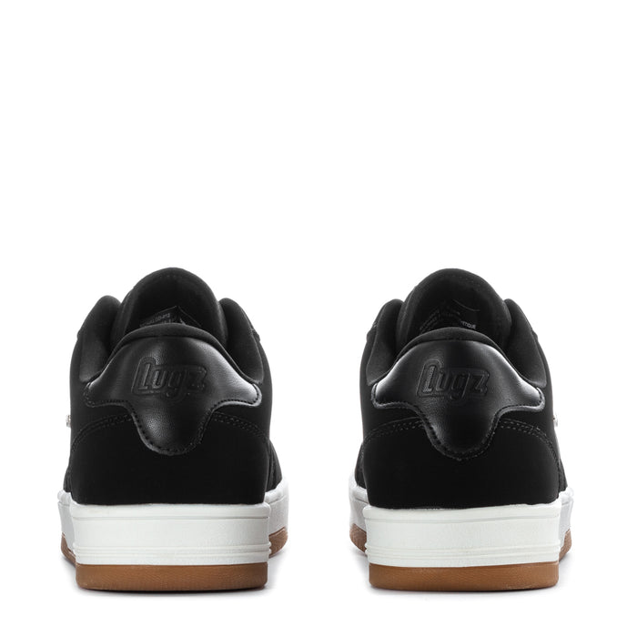 Men's black low-top sneakers, rear view, heel logo and white sole with gum base