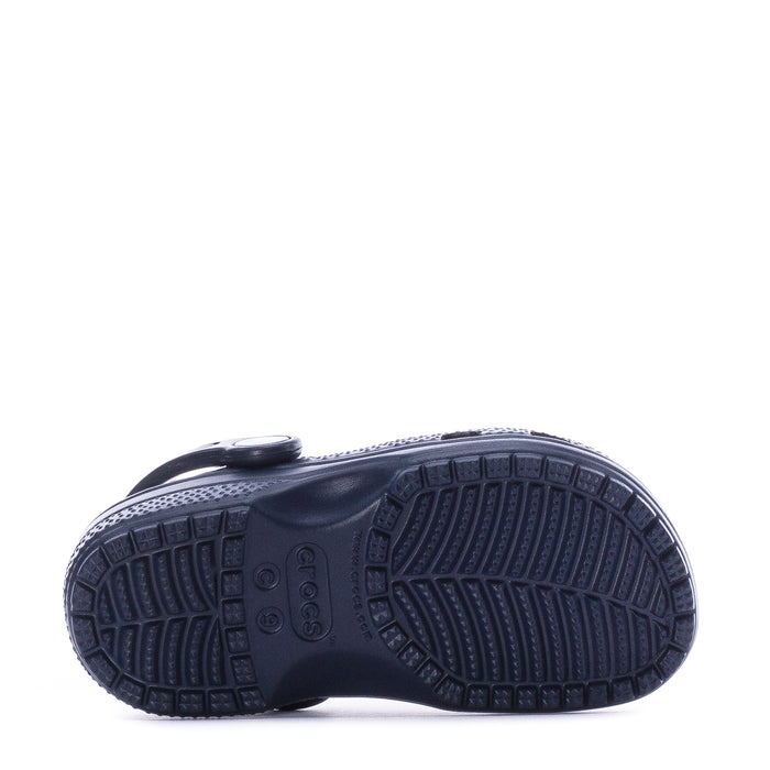 Navy toddler clog outsole with textured tread pattern