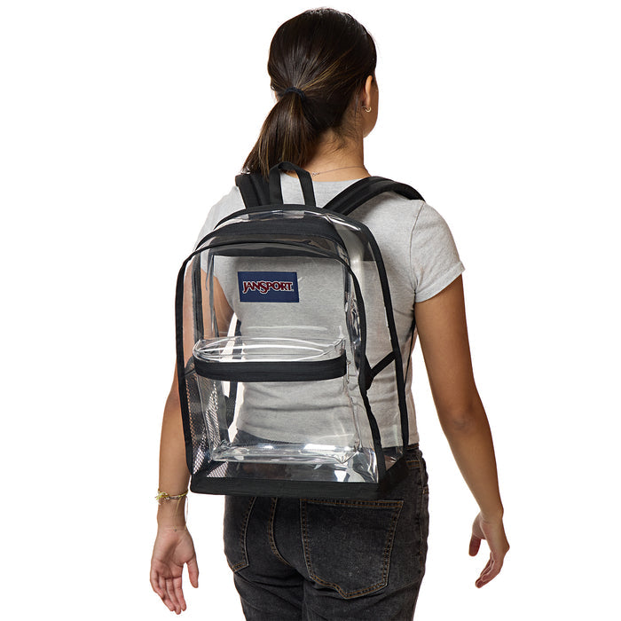 Clear Jansport backpack with black straps worn on back, front window visible.
