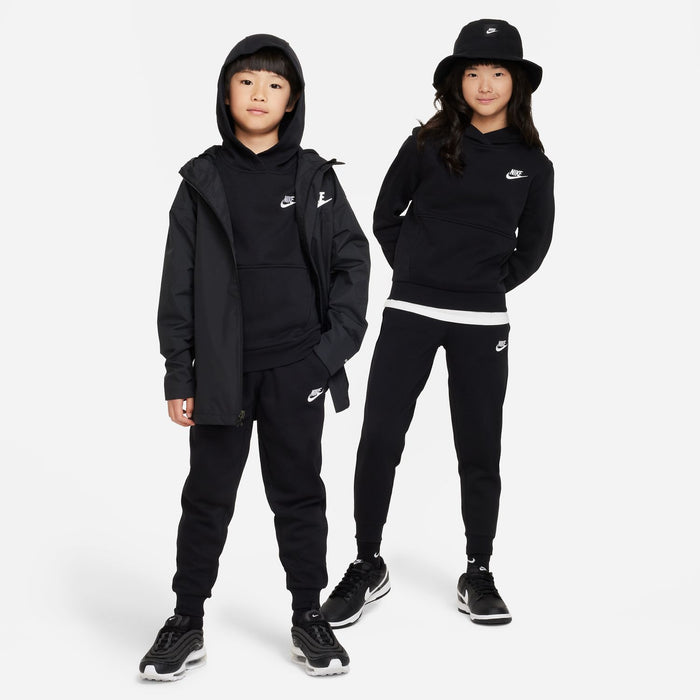 Youth black fleece pullover hoodie with white Nike swoosh, worn by two children