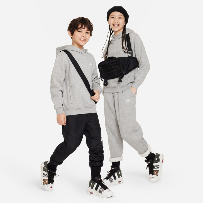 Youth heather grey pullover hoodie worn with joggers, Nike logo