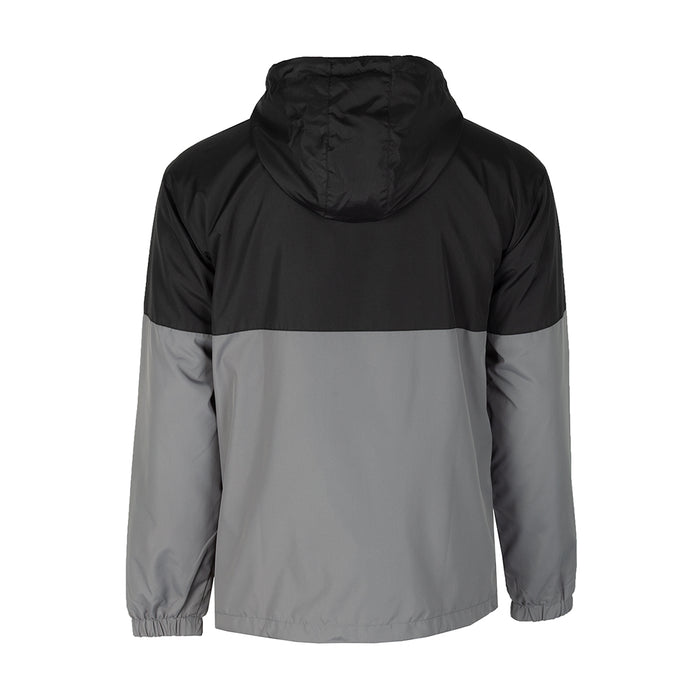 Mens windbreaker jacket back view, black top and gray colorblock with hood
