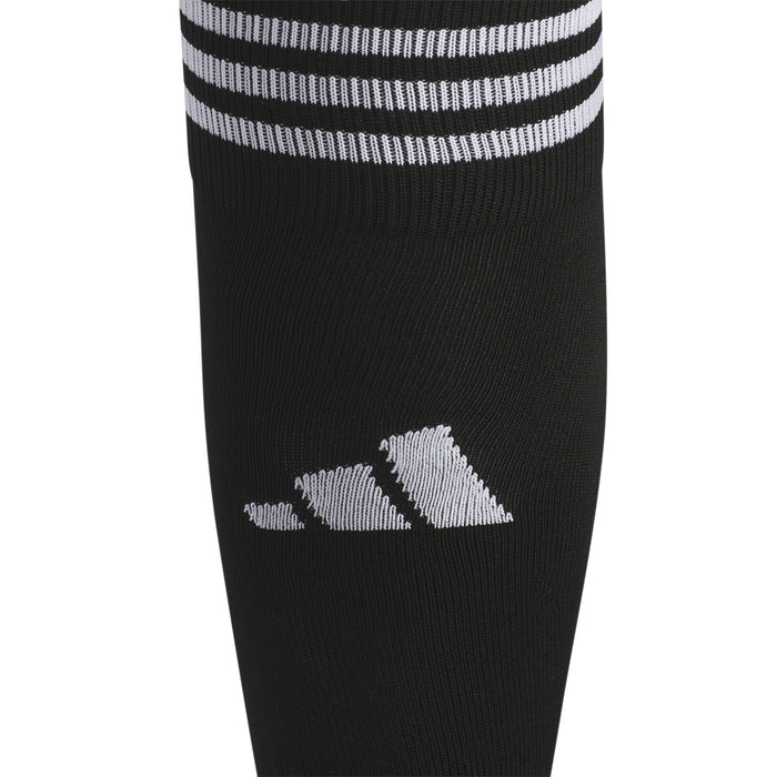 Black crew socks with white rib stripes and gray logo graphic on ankle
