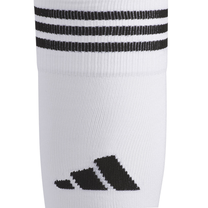 White crew sock with black cuff stripes and black logo patch