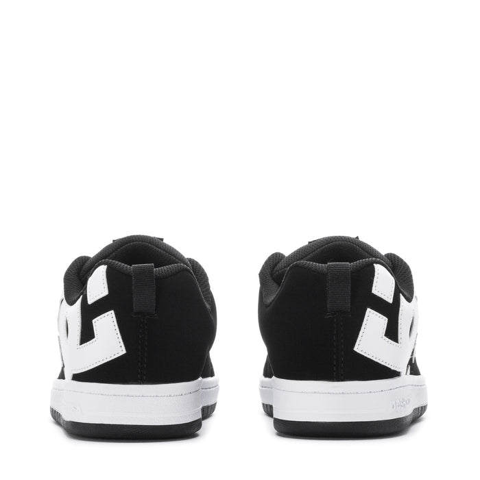 Youth black low-top sneakers with white heel logos and white midsole