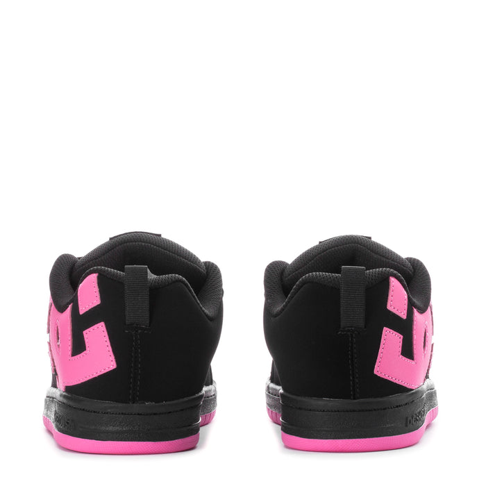 Youth black court sneakers with pink heel details and logo, back view pair