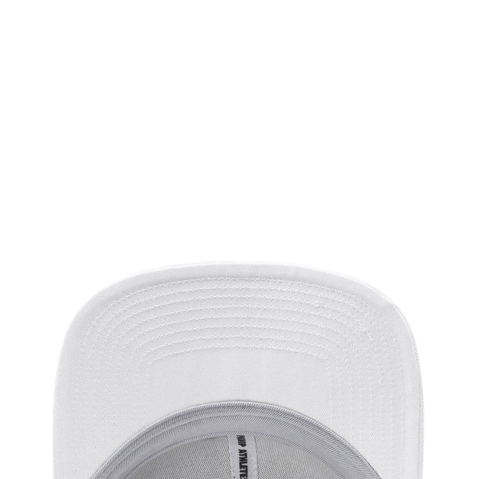 White cap brim close-up with stitched texture detail