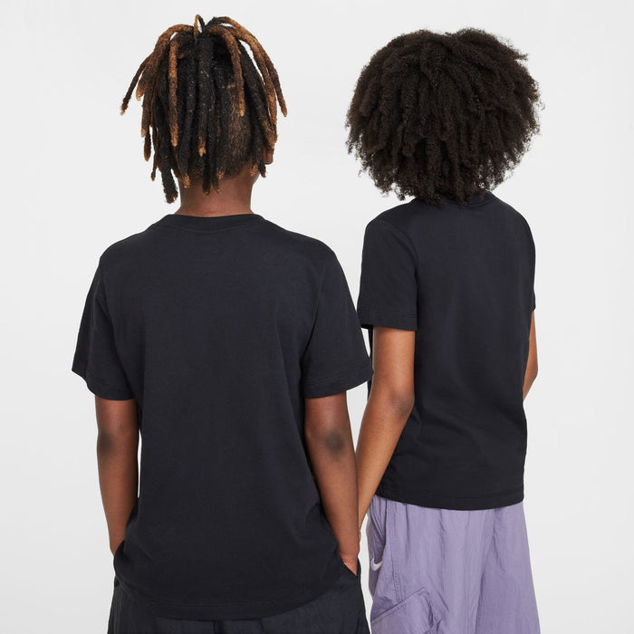 Youth black t-shirt, plain back view with short sleeves and crew neck