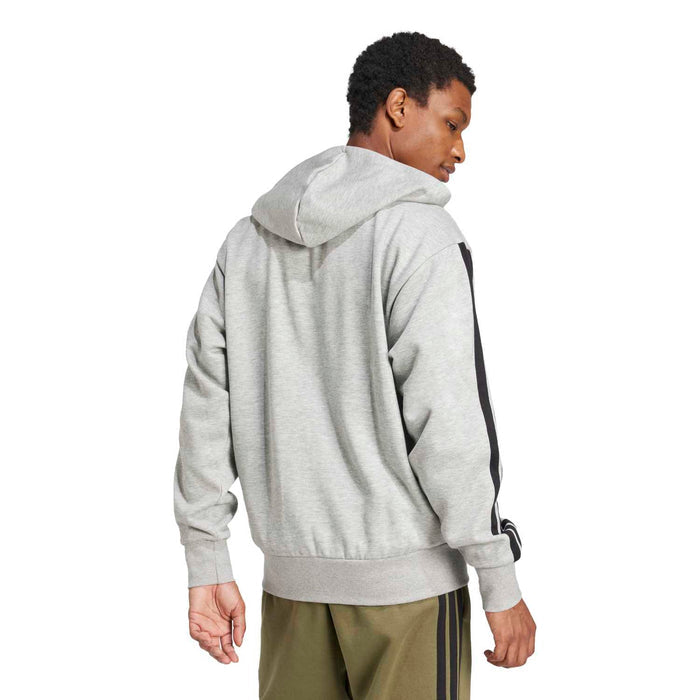 Men's medium grey heather fleece full-zip hoody with hood and rear sleeve stripe detail