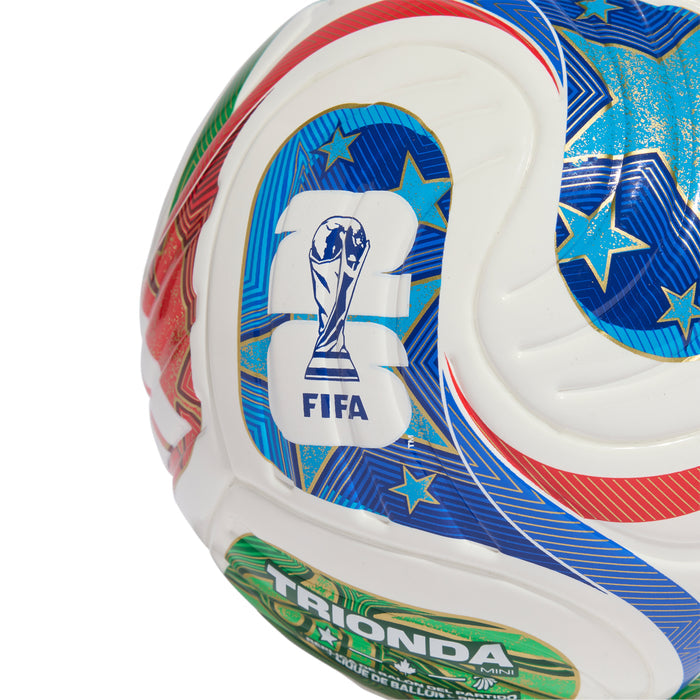 Mini soccer ball with blue FIFA logo and star graphics on white, plus green Trionda text