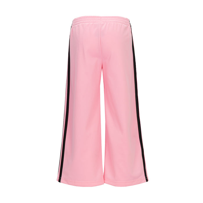Youth light pink wide-leg track pants with black side stripe panels and elastic waist