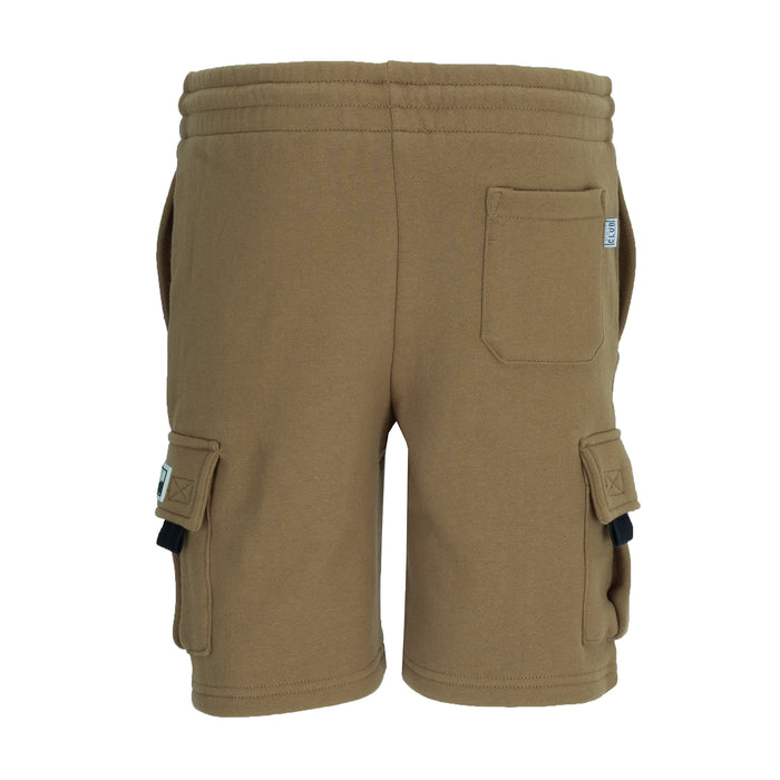 Youth taupe fleece cargo shorts, side cargo pockets and back patch pocket