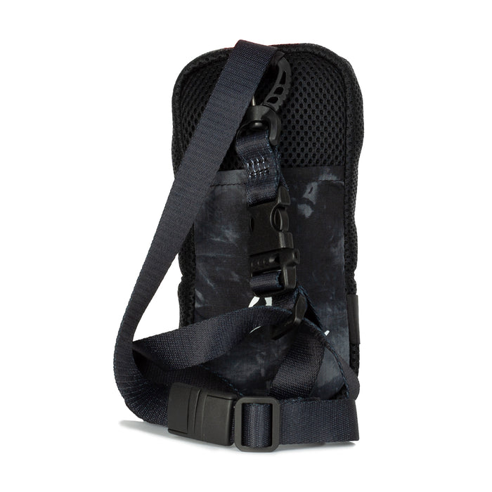 Utility pouch lanyard with adjustable strap and clip, black and grey side view
