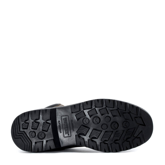 Steel-toe work boot outsole, black rugged tread pattern for traction