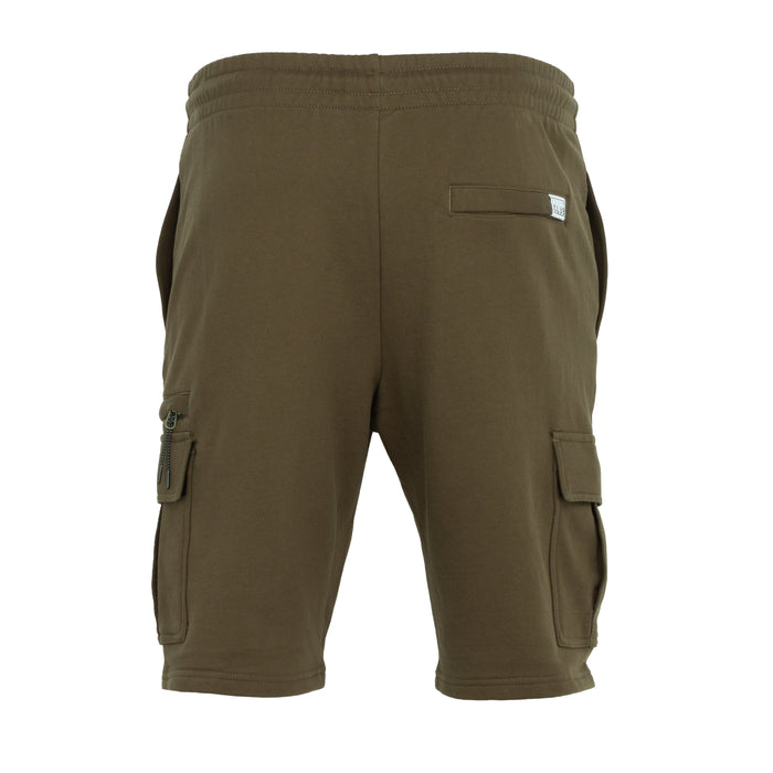 Military green cargo shorts with flap cargo pockets and drawstring waistband