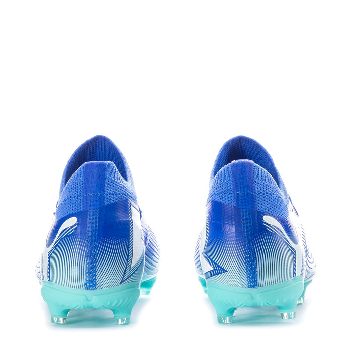 Men's blue soccer cleat heel view, mint outsole studs and breathable upper