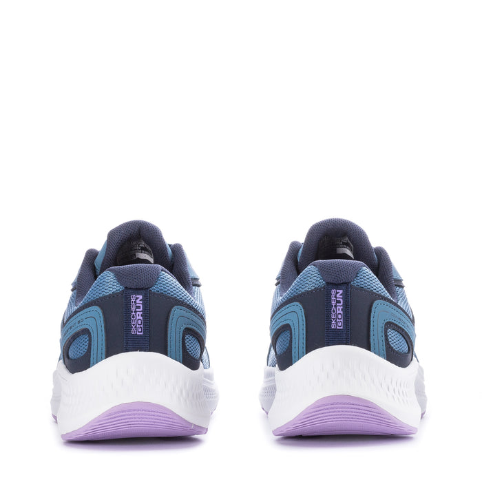Women's running shoes, blue mesh uppers, lace-up detail, white midsole with purple accents