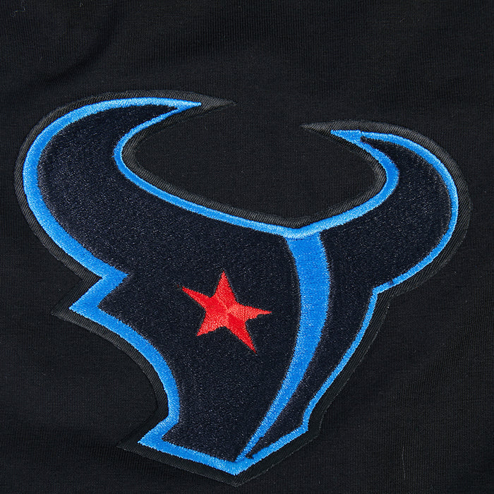 Black tee fabric with embroidered blue Texans star helmet emblem
