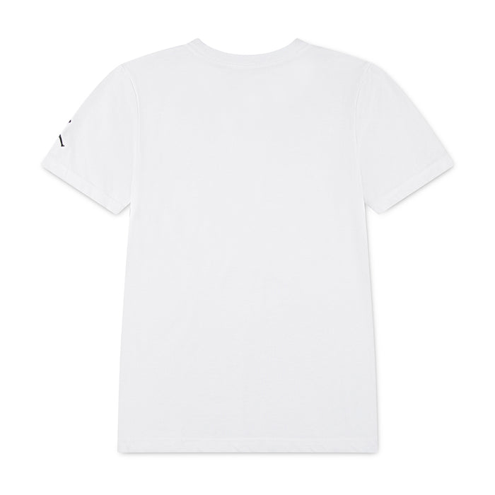 Youth Jumpman graphic T-shirt in white, crew neck, back view with small logo
