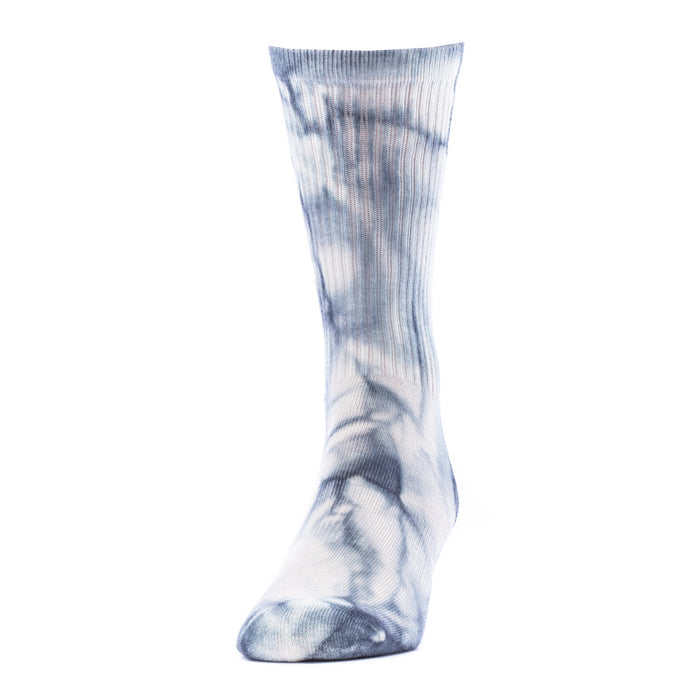 Greyish-blue tie-dye crew sock with ribbed knit cuff
