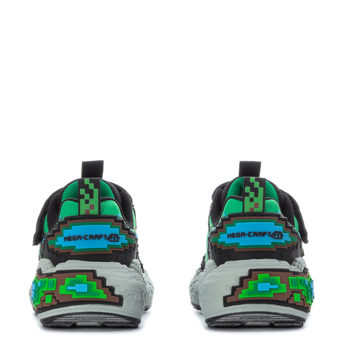 Kids' sneaker back view: black heel with green pixel graphic and white outsole