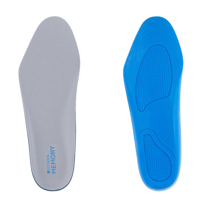Men's memory foam insole, gray top and blue underside with arch support