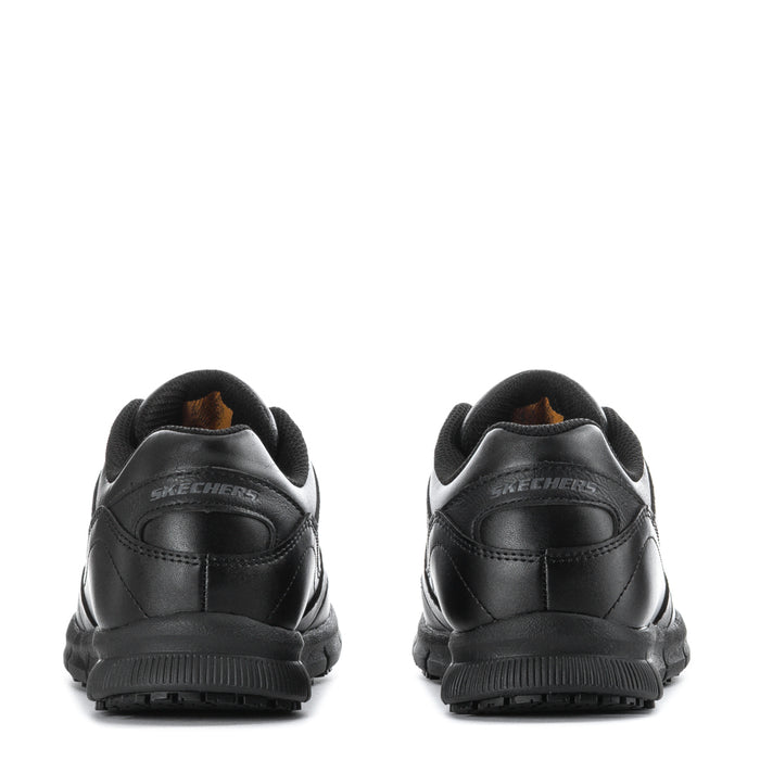 Black women's wide lace-up sneakers, Skechers; back view with heel tabs and logo