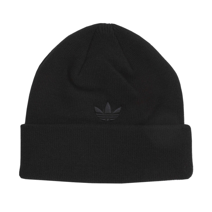 Black knit beanie with fold-over cuff and small three-bar emblem on top