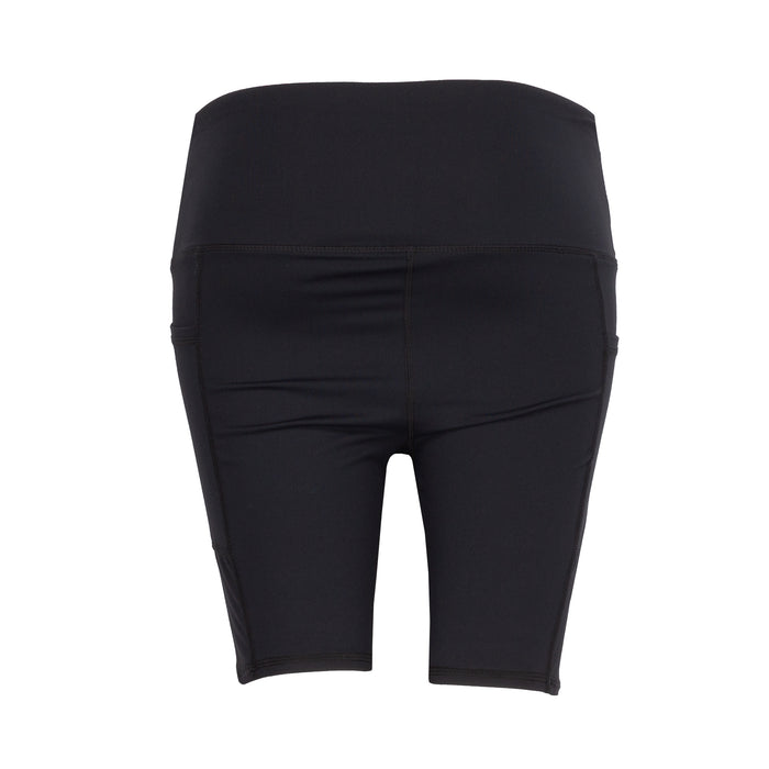 Womenβs black high-waist bike shorts, back view with central seam and contoured panels