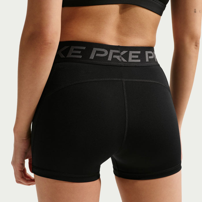 Black Nike Pro DF 3-inch women's compression shorts, close-up of back waistband and seams