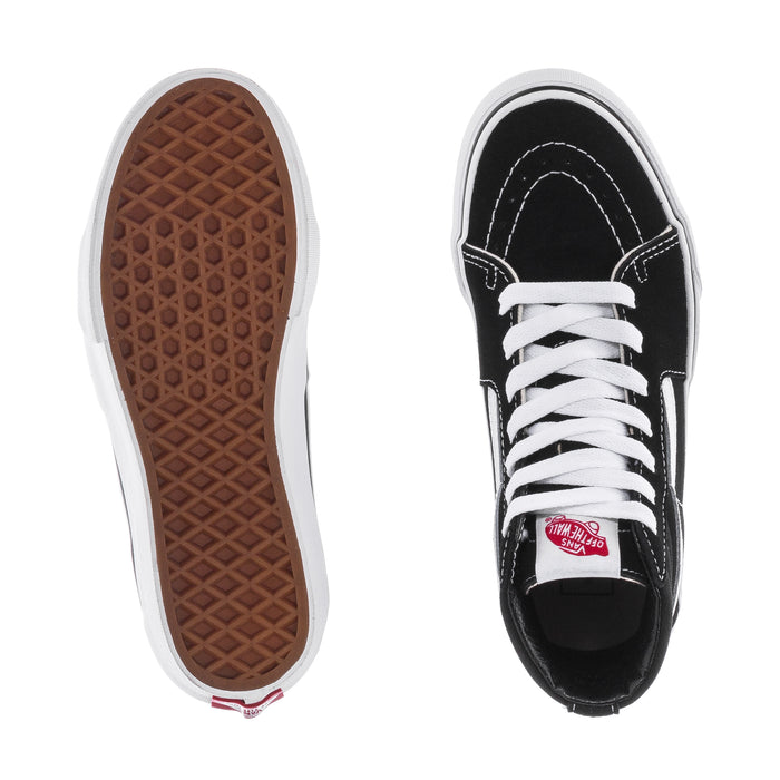 Kids' black high-top sneakers with white sole; gum outsole tread visible