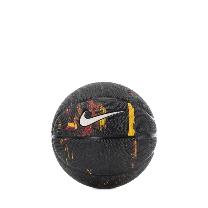 Mini basketball, dark black with yellow flame graphics and Nike swoosh