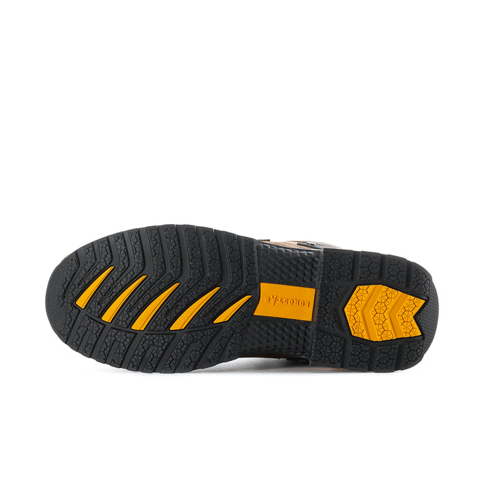 Composite-toe work boot outsole, black tread with yellow logo panel and hex grip