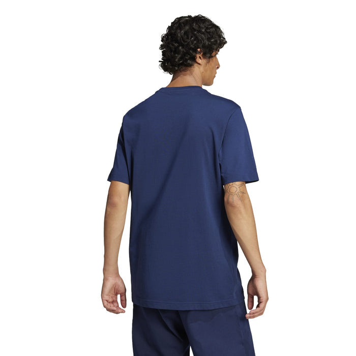Men's navy trefoil graphic T-shirt back view on model, short sleeves