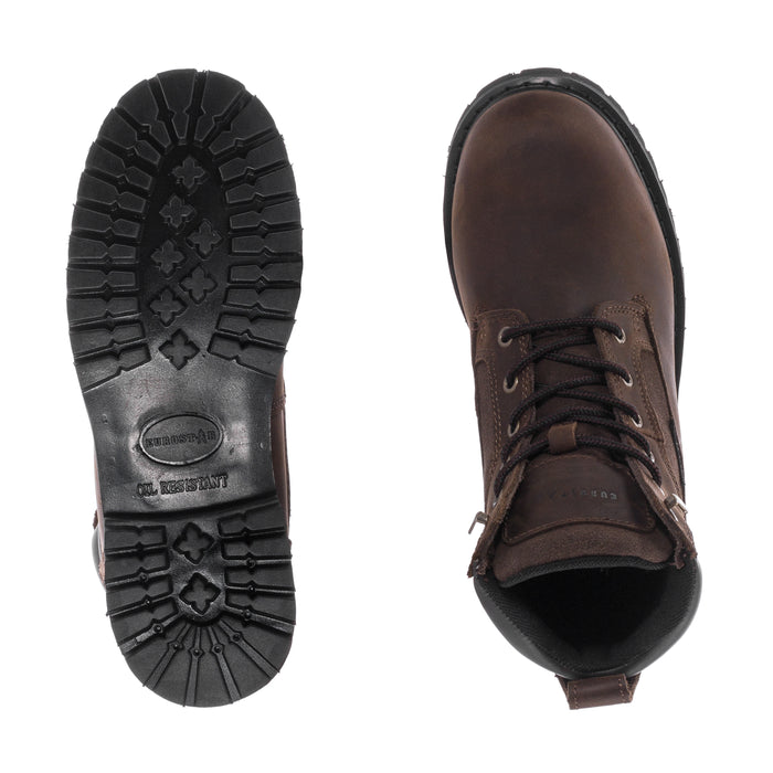 Men's waterproof work boot; outsole tread and inner collar view of dark brown lace-up