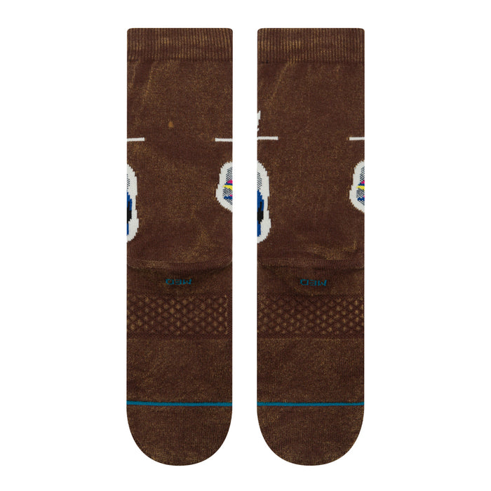 Unisex crew socks, dark brown with blue and teal trim stripe near cuff