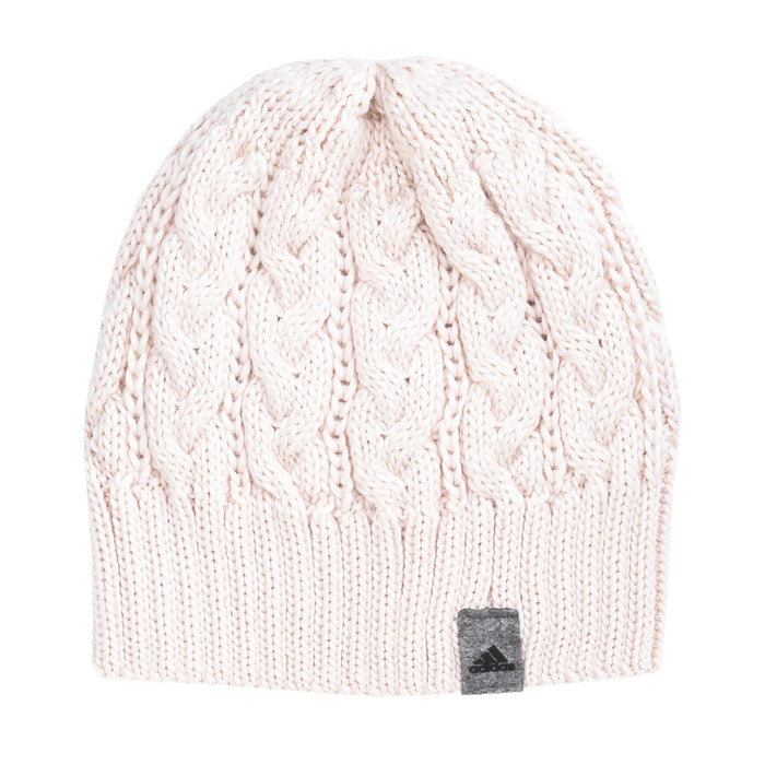 Beige cable-knit beanie with ribbed cuff and small logo patch